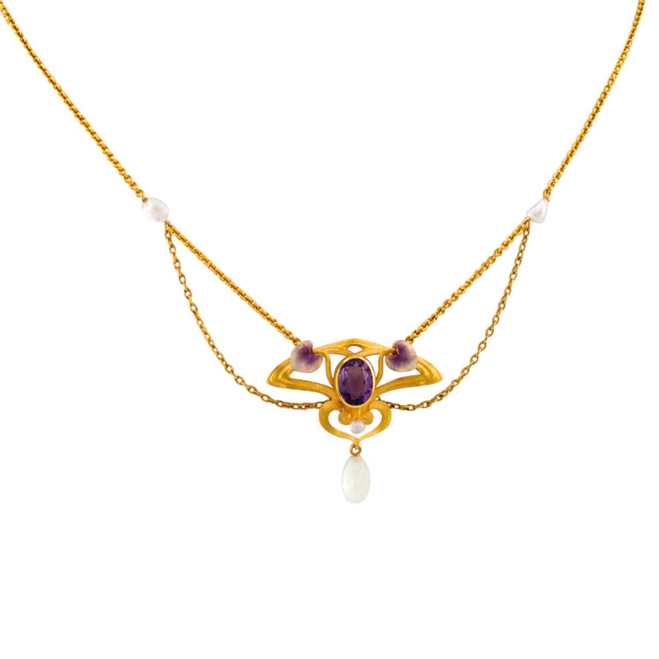 Krementz Art Nouveau Pearl Amethyst and Enamel Necklace

This is like wearing a story.  It has been a treasure throughout the years, a lovely and very well preserved jewel.  This is the essence of Art Nouveau jewelry design, organic shapes