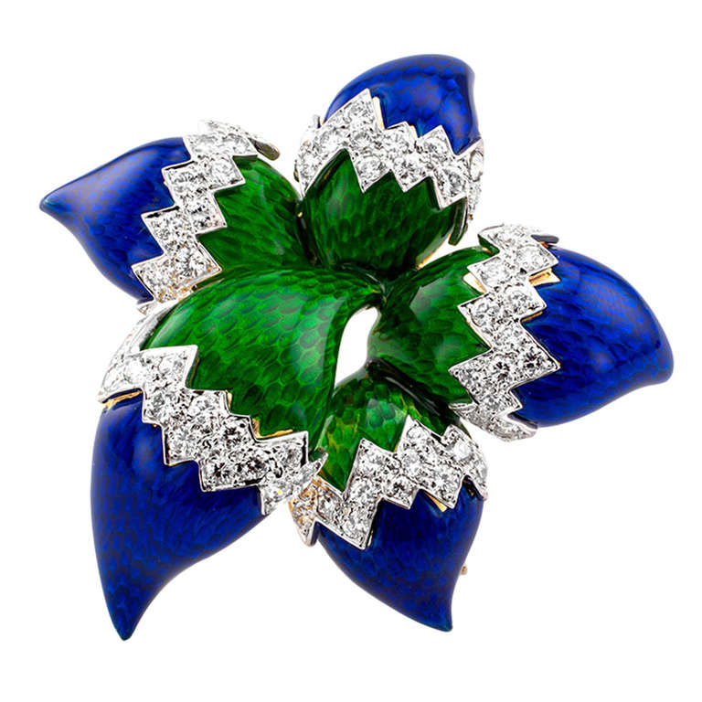 Unique Peacock Enamel Diamond Gold Flower Brooch