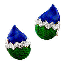 Vintage Unique Peacock Enamel and Diamond Ear Clips