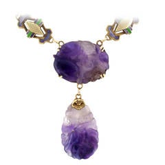 Antique Carved Amethyst and Enamel Suffrage Necklace