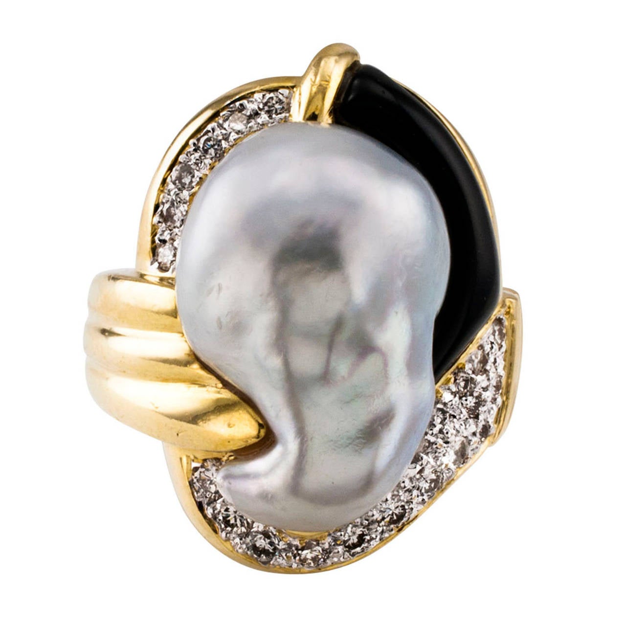 Women's or Men's Baroque South Sea Pearl Onyx Diamond Gold Ring