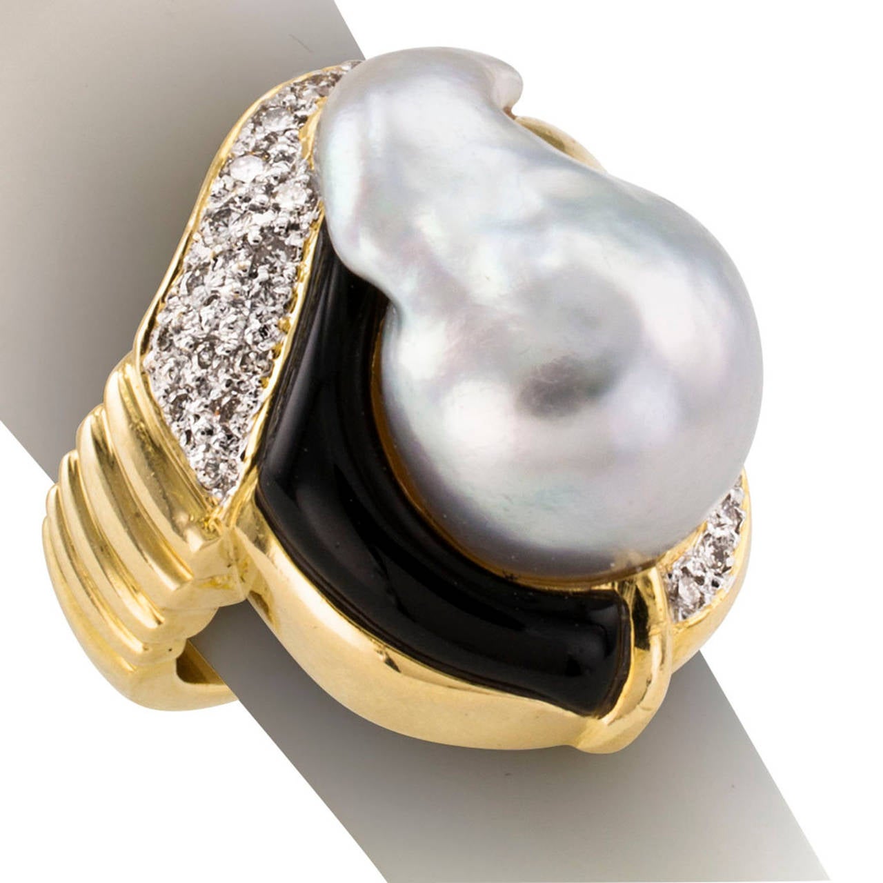 Contemporary Baroque South Sea Pearl Onyx Diamond Gold Ring