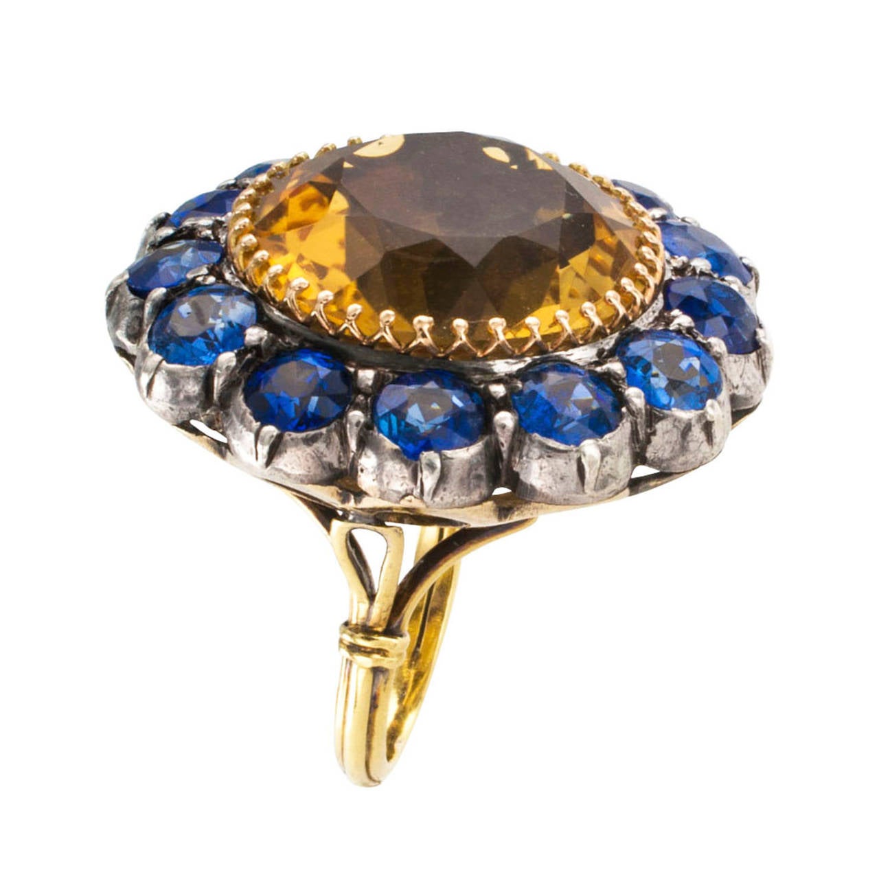 Late Victorian Antique Citrine Sapphire Silver Gold Ring