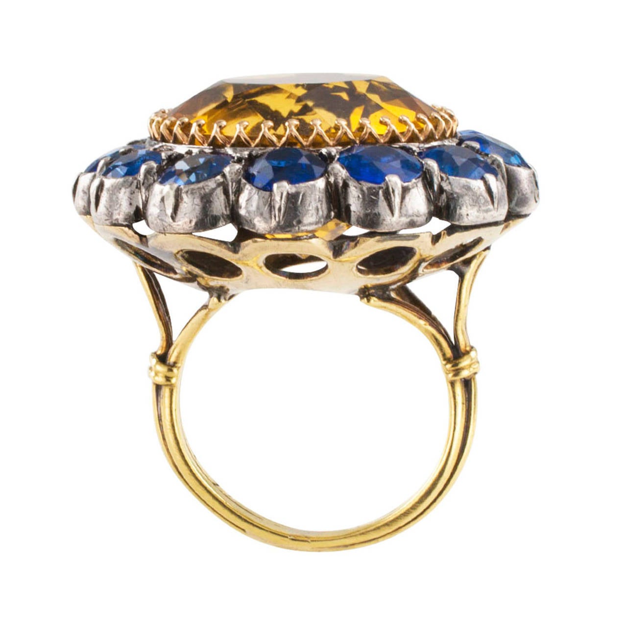 Antique Citrine Sapphire Silver Gold Ring In Excellent Condition In Los Angeles, CA