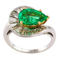 Retro Pear-Shaped Colombian Emerald and Diamond Ring Circa 1950