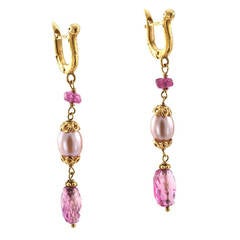 Unique Pink Tourmaline and Cultured Pearl Pendant Earrings
