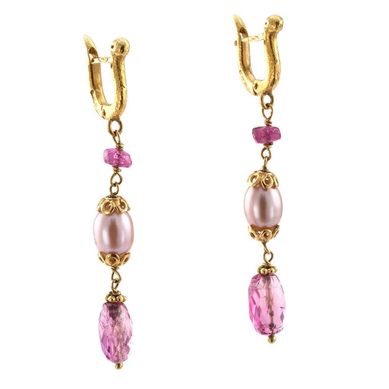 Unique Pink Tourmaline and Cultured Pearl Pendant Earrings