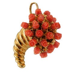 Great Cornucopia Pendant of Carved Coral Roses