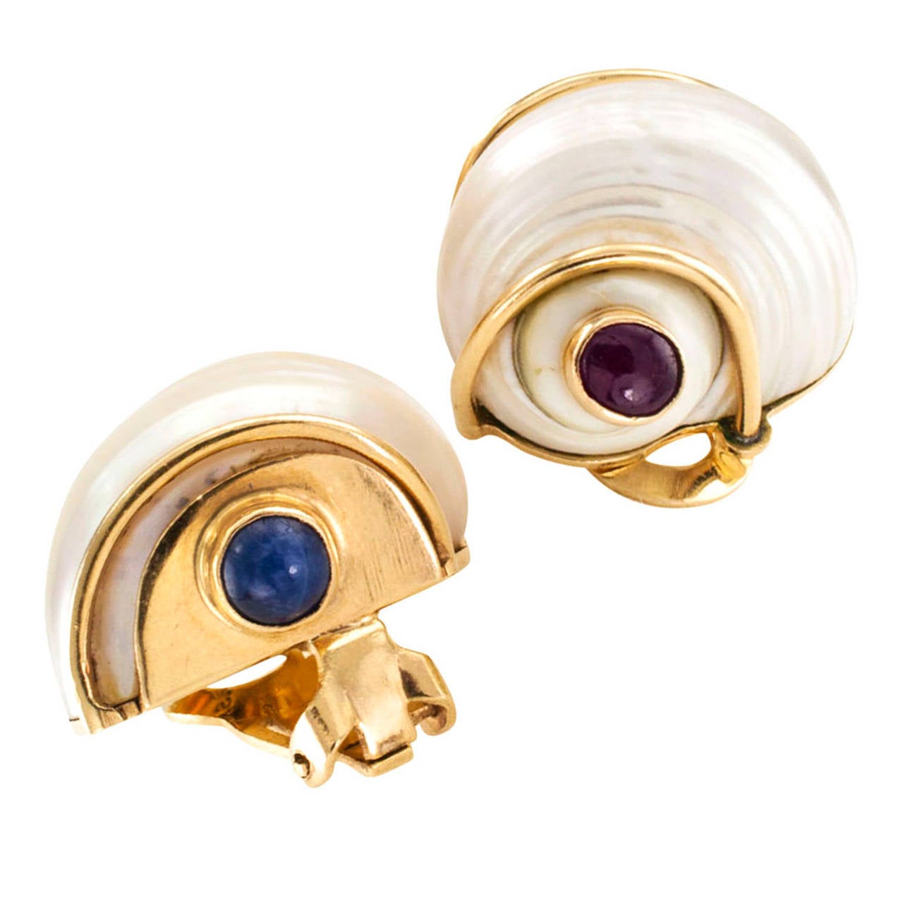 Seaman Schepps Shell Ruby and Sapphire Ear Clips In Good Condition In Los Angeles, CA
