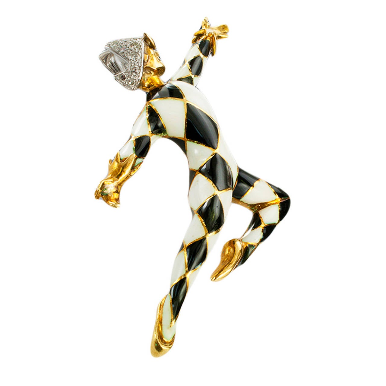 Black and White Enamel Dancing Harlequin Brooch at 1stDibs