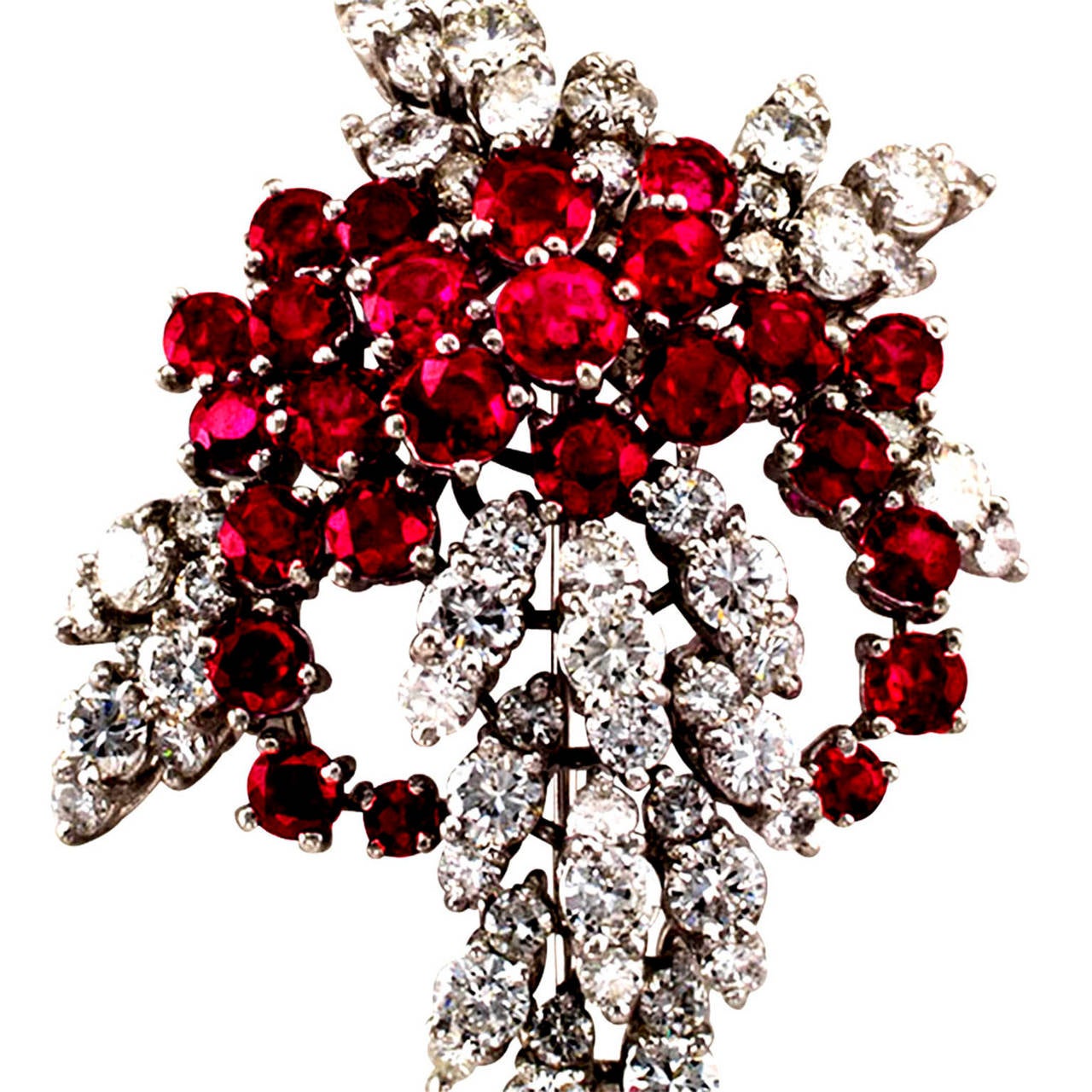 1950s Ruby Diamond Platinum Cascade Brooch-Pendant In Excellent Condition In Los Angeles, CA