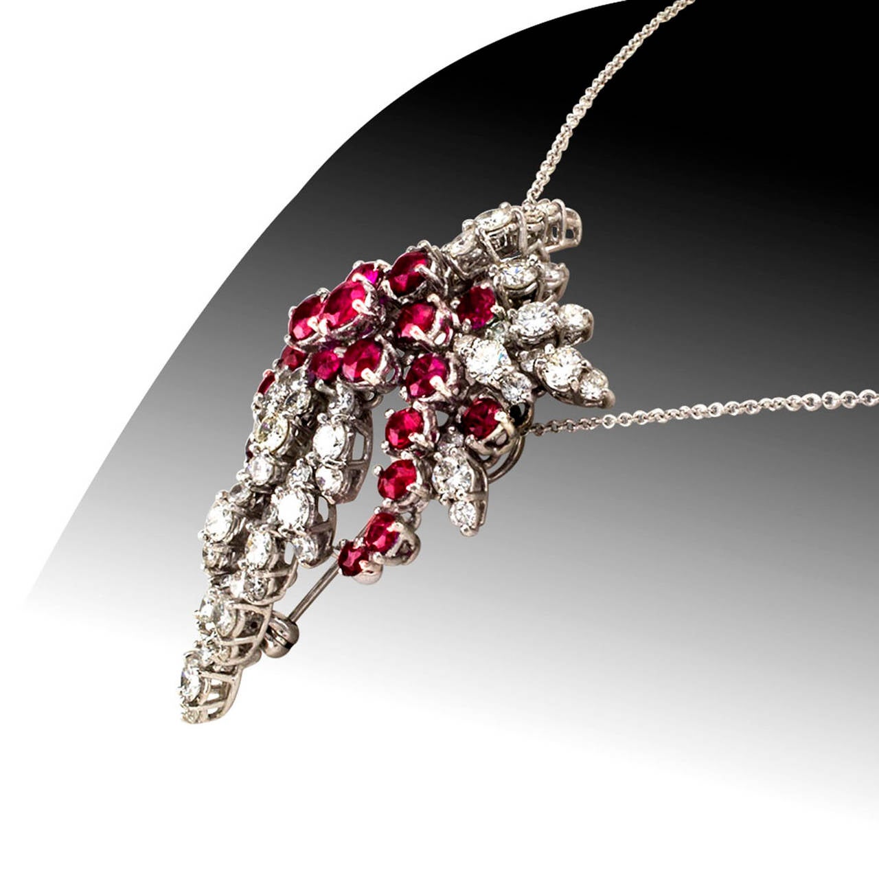 Modern 1950s Ruby Diamond Platinum Cascade Brooch-Pendant