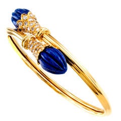 Carved Lapis Lazuli Diamond Gold Slip on Bangle bracelet