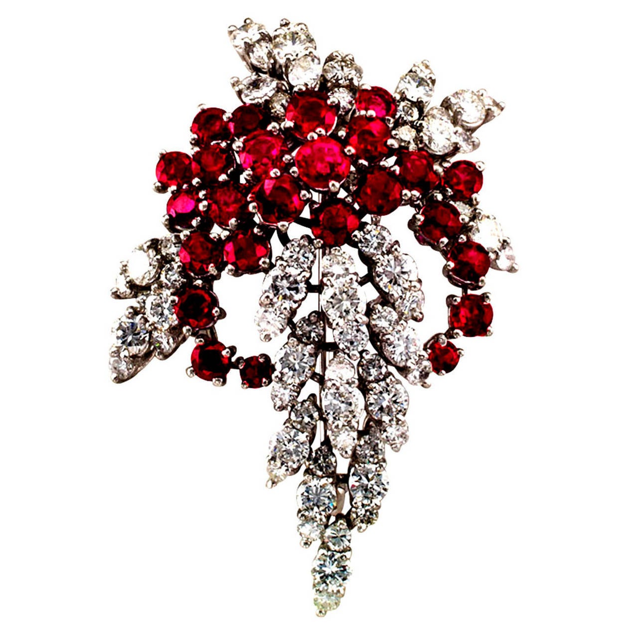 1950s Ruby Diamond Platinum Cascade Brooch-Pendant