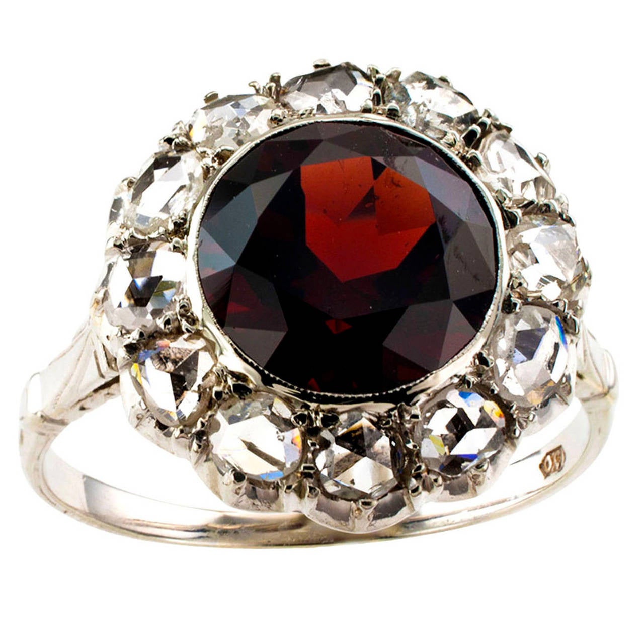 Art Deco Garnet Rose-Cut Diamond Gold Halo Ring at 1stDibs