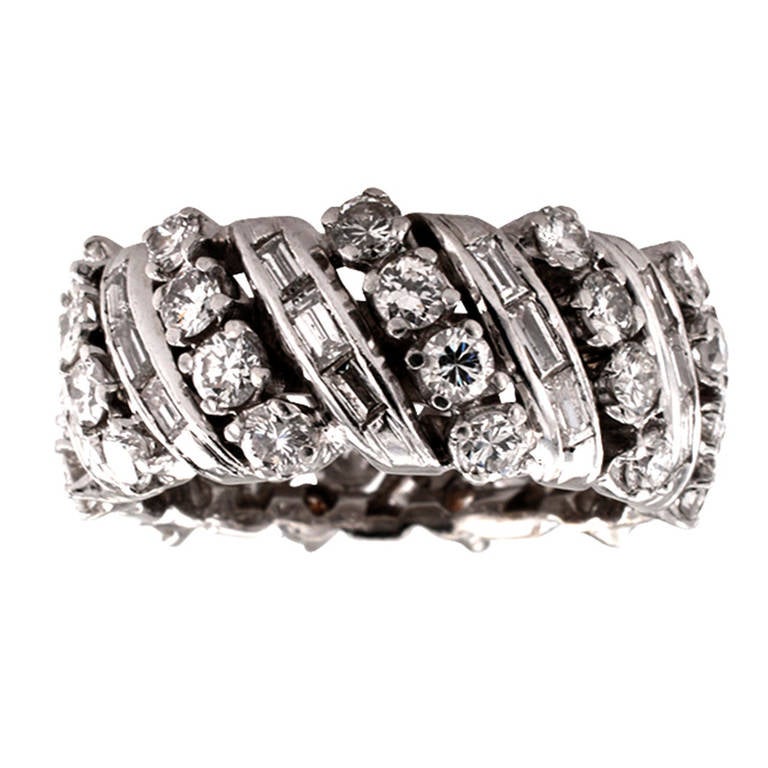 Round and Baguette Diamond Platinum Band Ring
