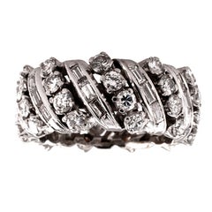 Vintage Round and Baguette Diamond Platinum Band Ring