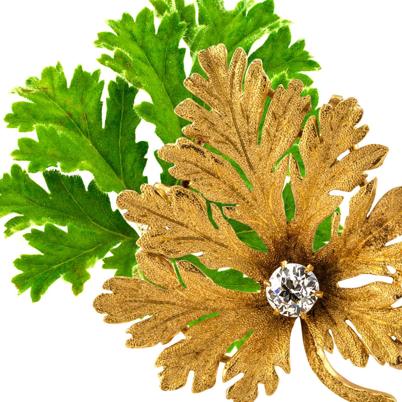 Women's or Men's Antique Diamond Gold Geranium Leaf Brooch or Pendant