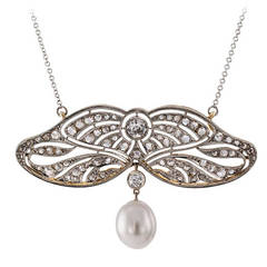 Antique Edwardian Pearl Diamond Pendant Necklace