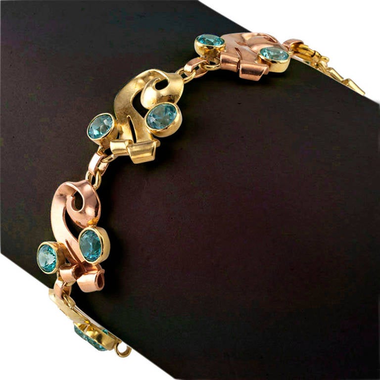 Retro Zircon and Two Tone Gold Bracelet In Excellent Condition In Los Angeles, CA