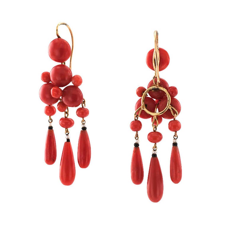 French Victorian Coral Pendant Earrings at 1stDibs