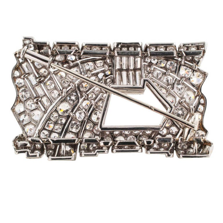 Women's or Men's Art Deco French Diamond Platinum Rectangular Brooch