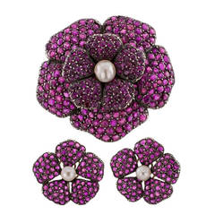 Victorian Ruby Pearl Camellia Flower Brooch and Ear Clips Set