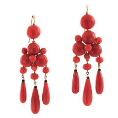 Antique French Victorian Coral Pendant Earrings