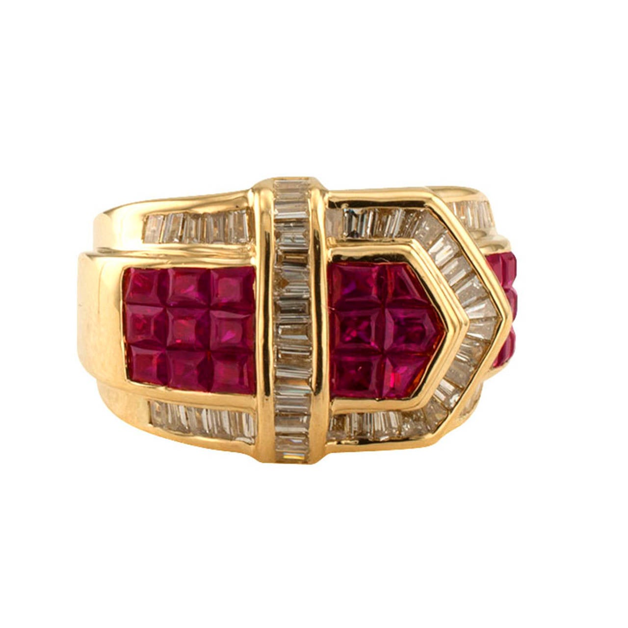 Ruby Diamond Gold Buckle Ring In Excellent Condition In Los Angeles, CA