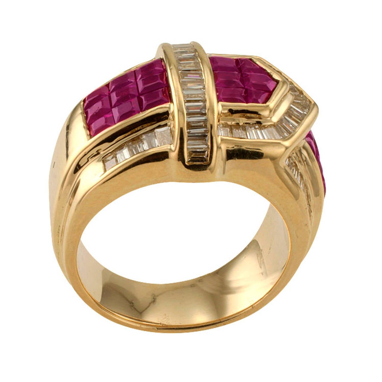 Women's or Men's Ruby Diamond Gold Buckle Ring