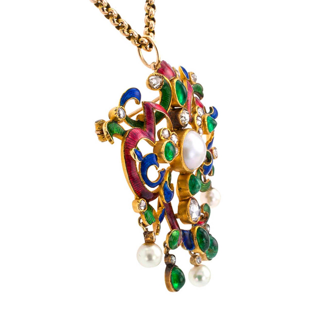 Victorian Enameled Antique Bejeweled Brooch Pendant