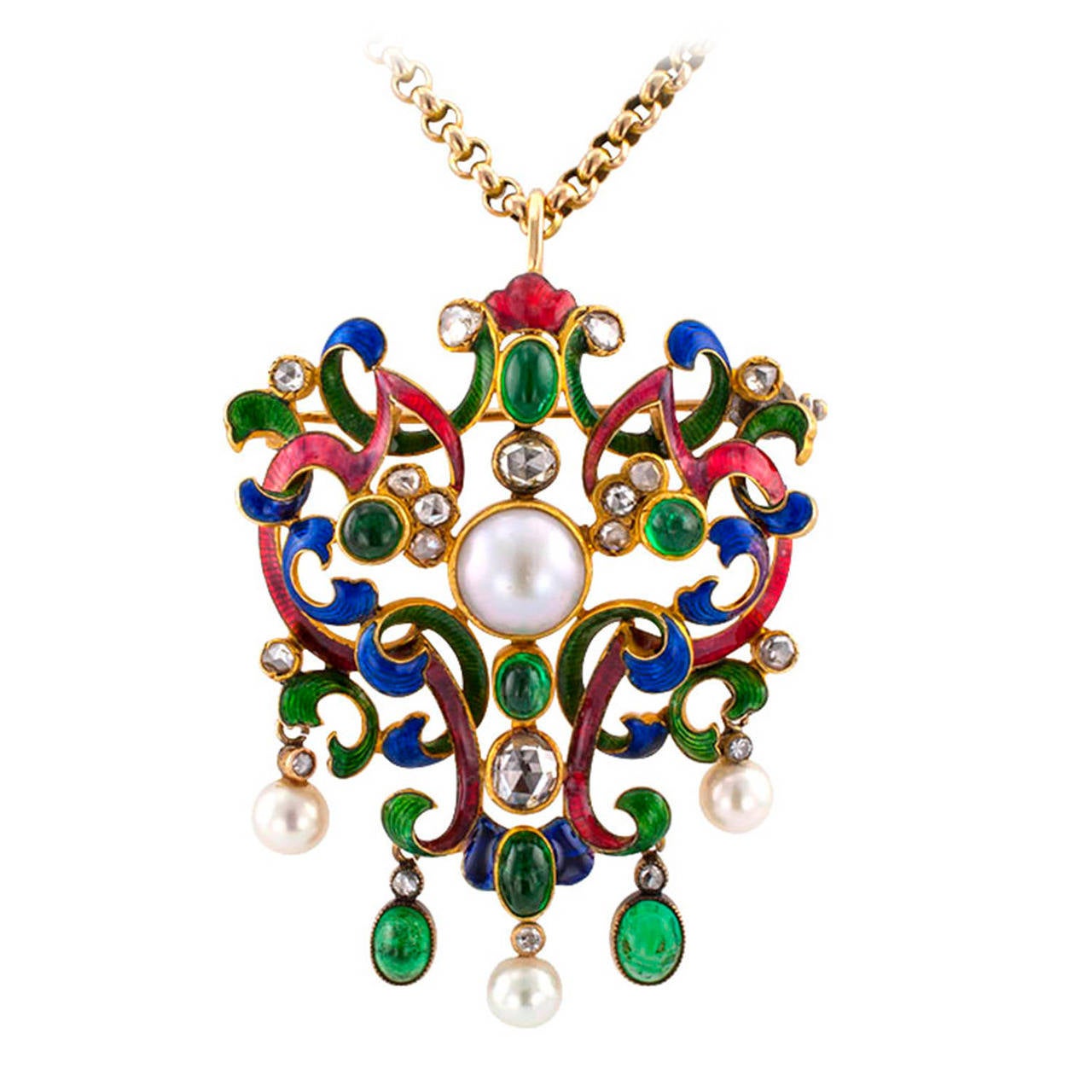 Enameled Antique Bejeweled Brooch Pendant