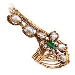 Modernist Large Pearl Jade Diamond Gold Ring