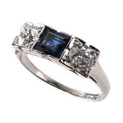 Antique Art Deco Three Stone Sapphire Diamond Platinum Engagement Ring