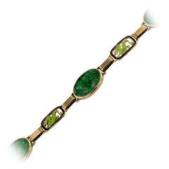 Antique Art Deco Carved Jade Enamel Gold Bracelet