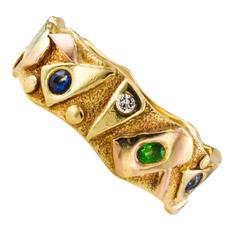 Sapphire Emerald Pink Diamond Hand Forged Multicolor Gold Band Ring