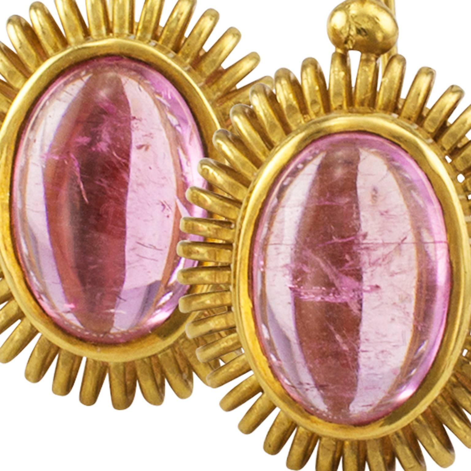 Michael B Pink Tourmaline Gold Drop Earrings In Excellent Condition In Los Angeles, CA