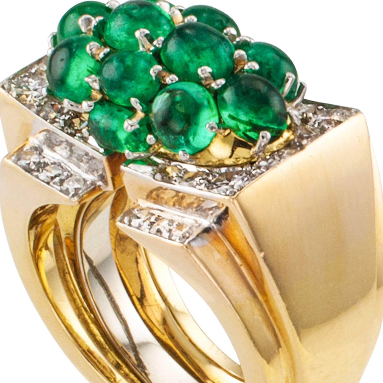 Women's David Webb Emerald Diamond Gold Cocktail Ring