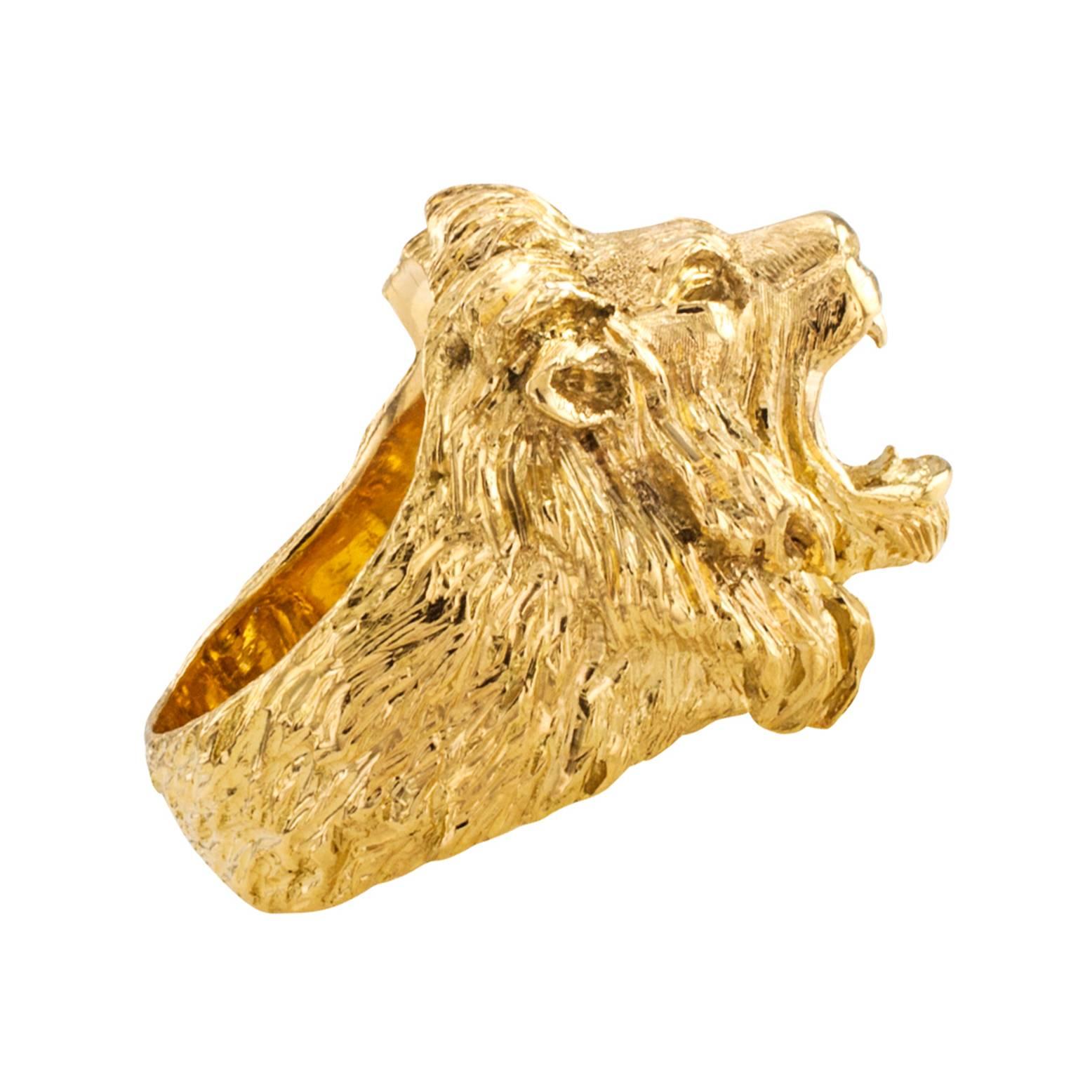 Buccellati Gold Lion Head Estate Ring

Not exactly Leo the Friendly Lion.  It is more like, don't mess with me.  I mean business.  This is  a roaring and highly detailed representation of the king of the jungle's face and mane, sculpted in 18
