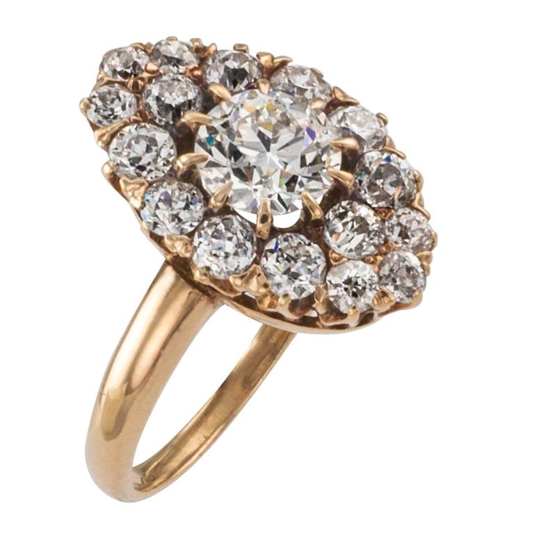 Victorian Diamond Gold Navette Cluster Ring For Sale at 1stdibs
