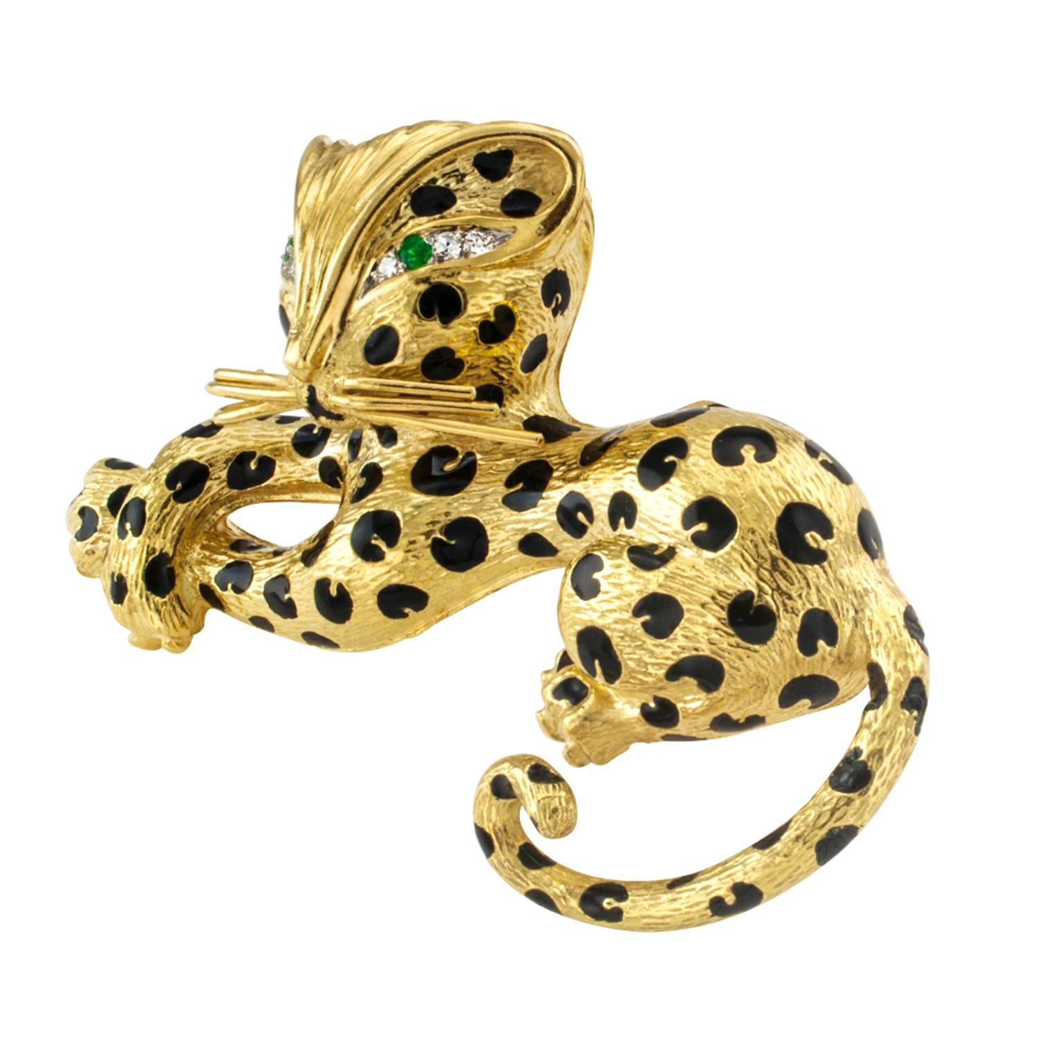 Contemporary Fred of Paris Whimsical Enamel gold Leopard Brooch