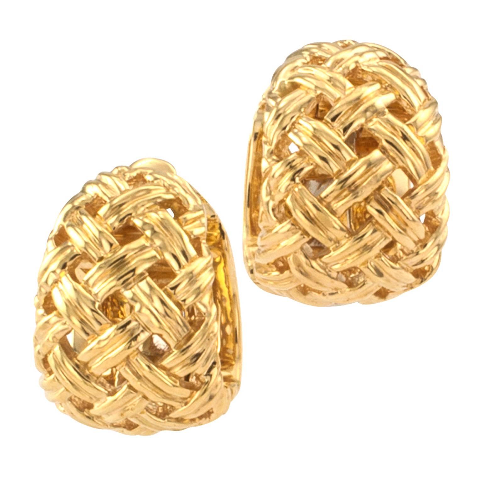 Jean Viteau Dainty Basket-Weave Gold Hoop Earrings