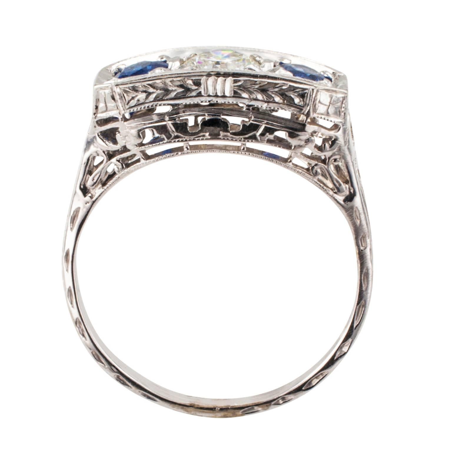 Art Deco Sapphire Diamond Three-Stone Engagement Ring In Excellent Condition In Los Angeles, CA