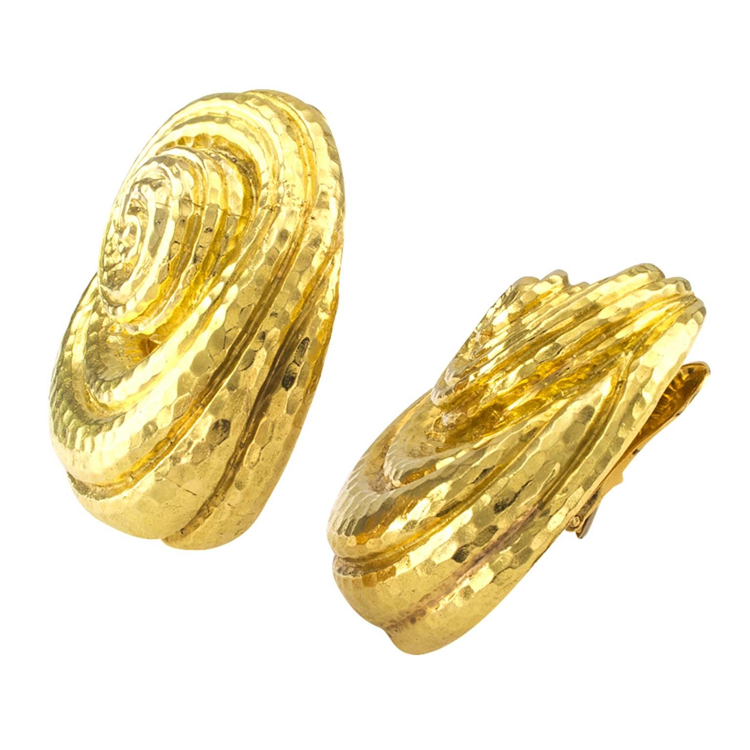David Webb Very Large Hammered Gold Earrings 1