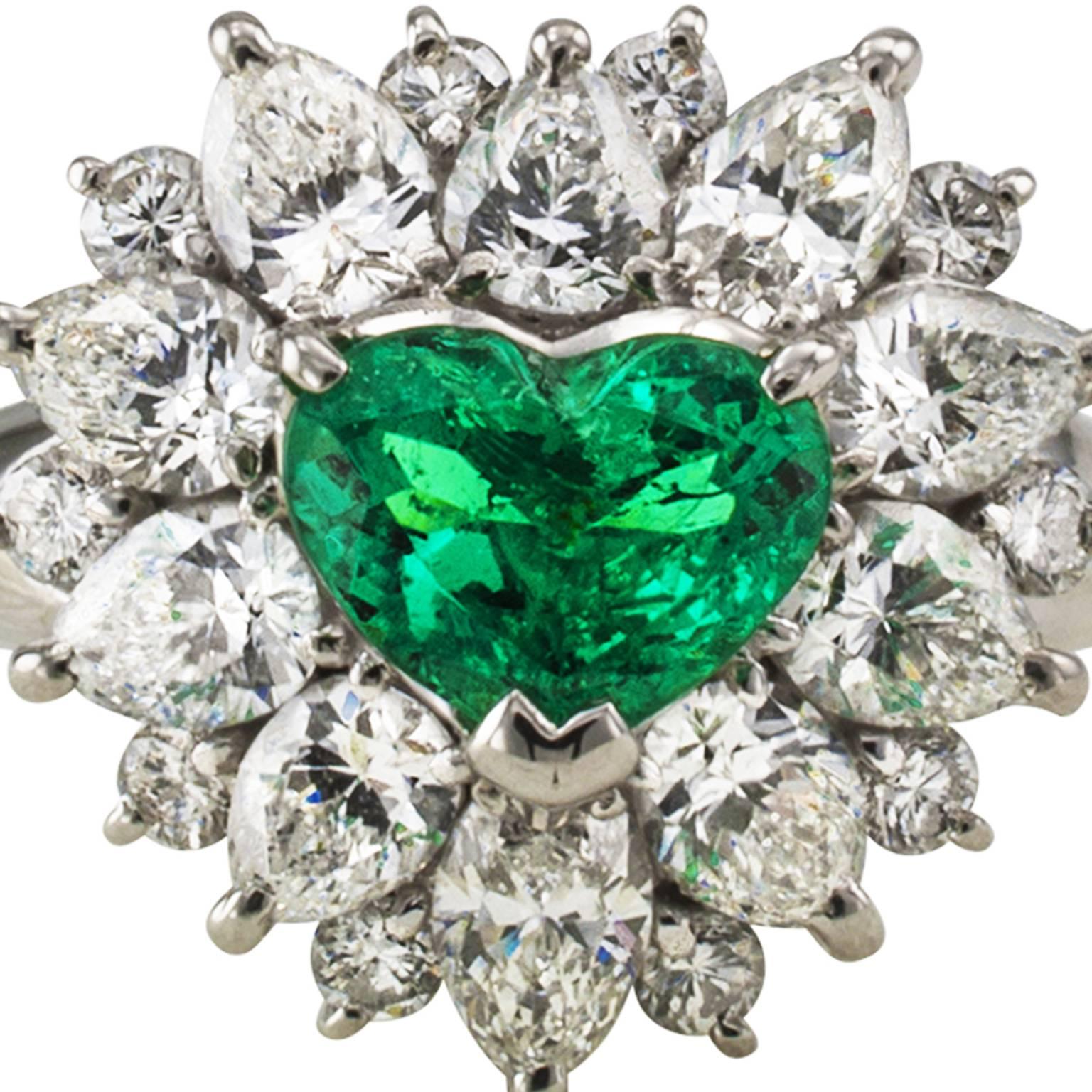 Women's Heart-Shaped Emerald Diamond Platinum Cluster Ring