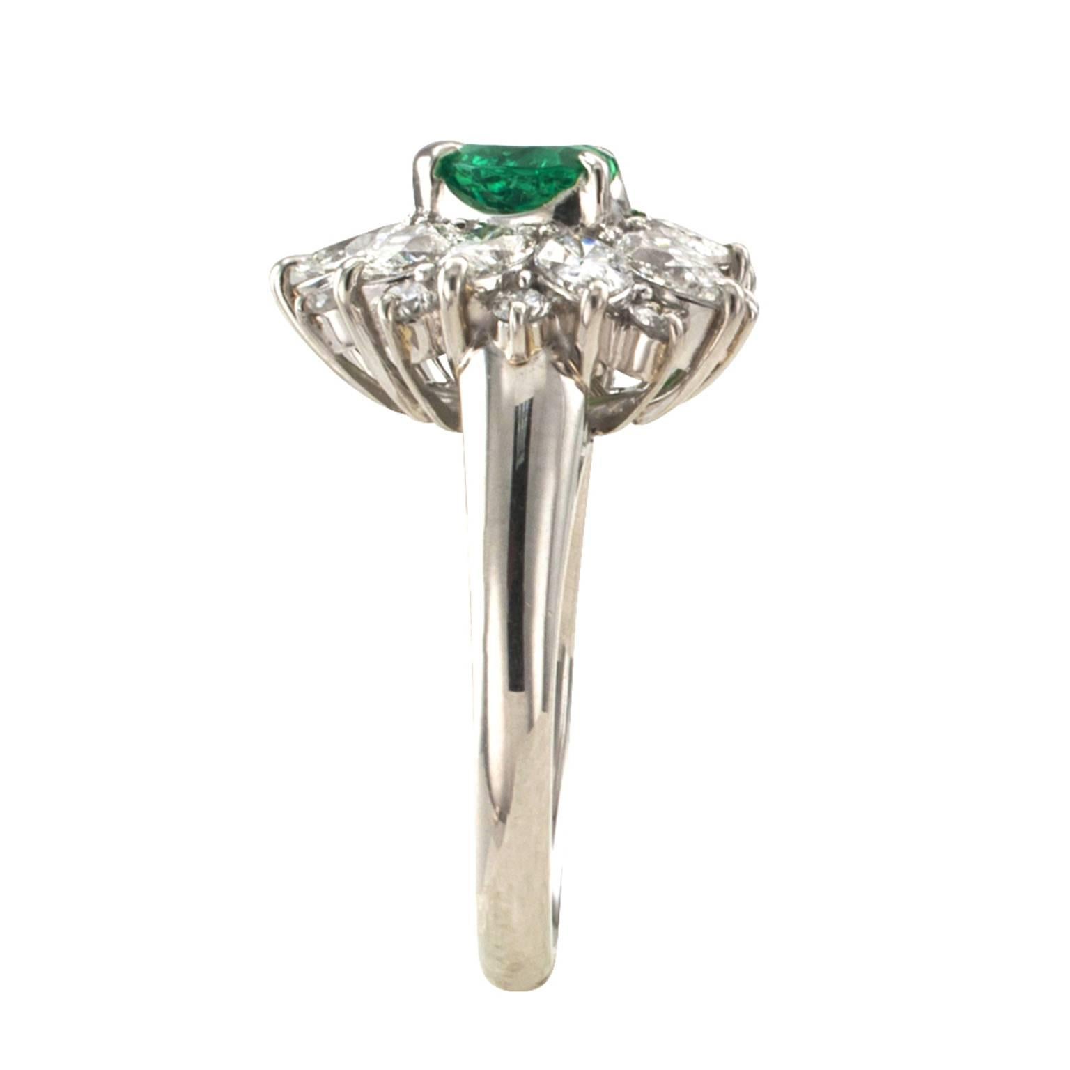 Contemporary Heart-Shaped Emerald Diamond Platinum Cluster Ring