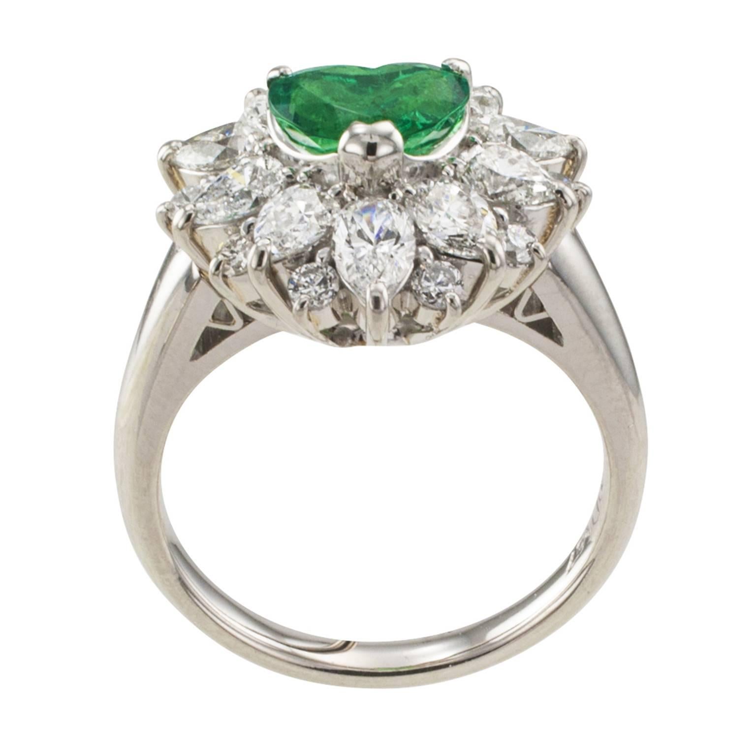 Heart Cut Heart-Shaped Emerald Diamond Platinum Cluster Ring