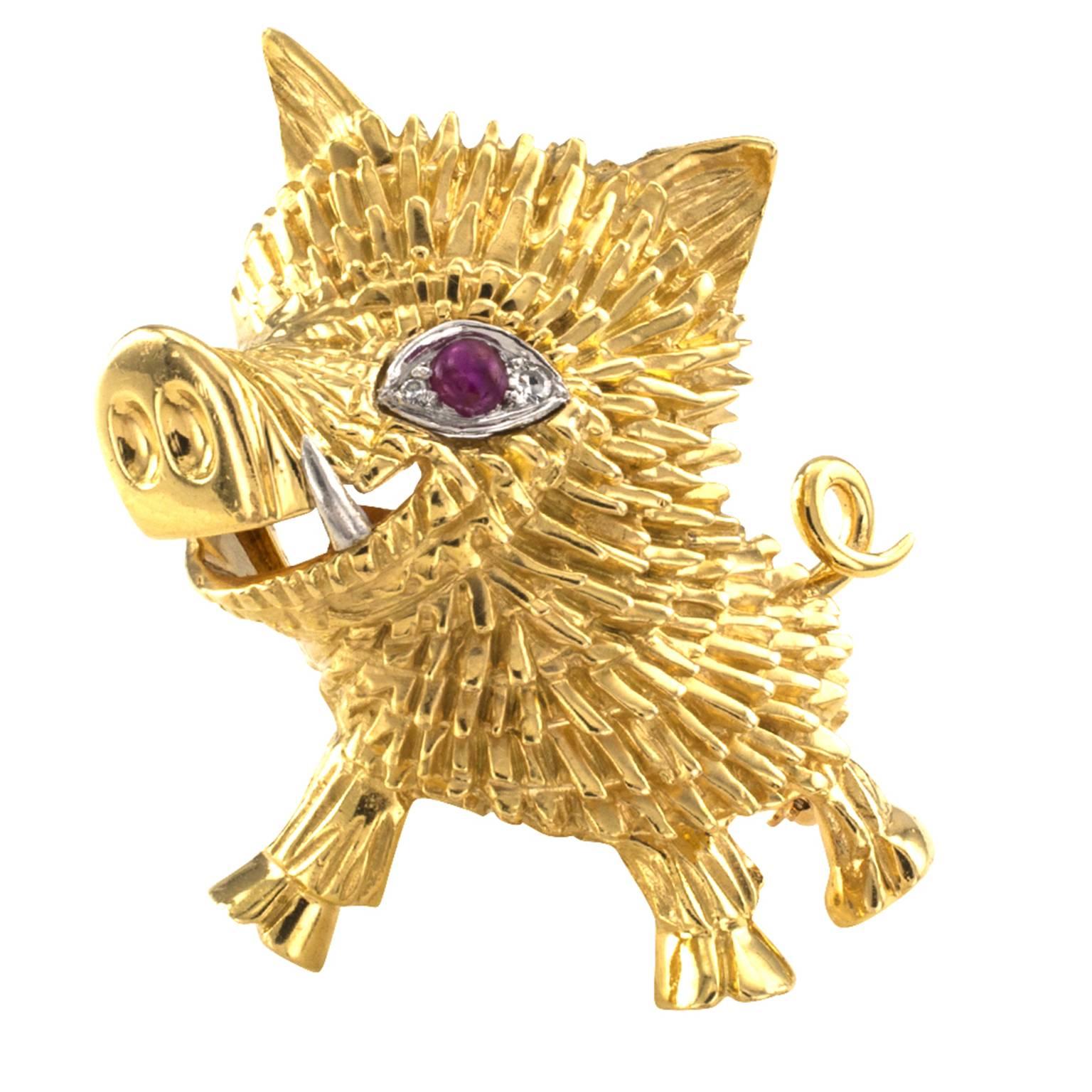 Hammerman Brothers Estate Wild Boar Gold Brooch

Isn't this the cutest?  A smiling wild boar!   Hammerman Brother's 18 karat yellow gold wild boar sports a platinum tusk and  an eye, the latter set with a ruby and a pair of diamonds.  Signed HB