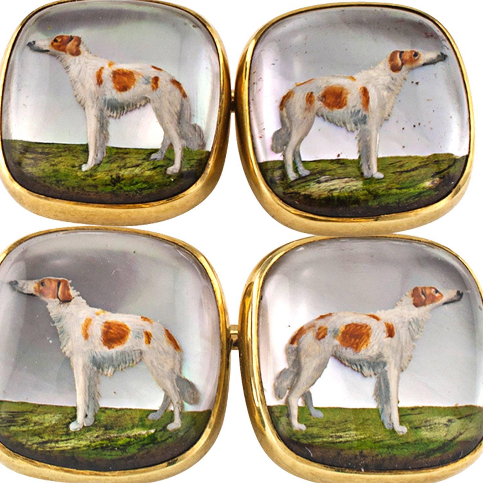 Borzoi Dogs Essex Crystal Cuff Links by Enos Richardson

Colorful Essex crystal cuff links comprising four bezel-set reverse carved Dog crystals, each measuring approximately 1/2" X 1/2" overall, with link connectors.  Mounted in 14  karat