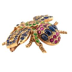 Demantoid Garnet Ruby Sapphire Diamond Gold Bee Brooch